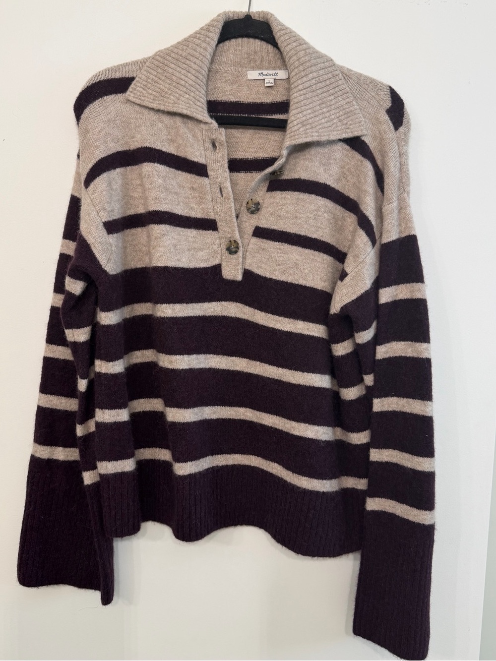Madewell Cream and Dark Brown Striped V-Neck Polo Sweater